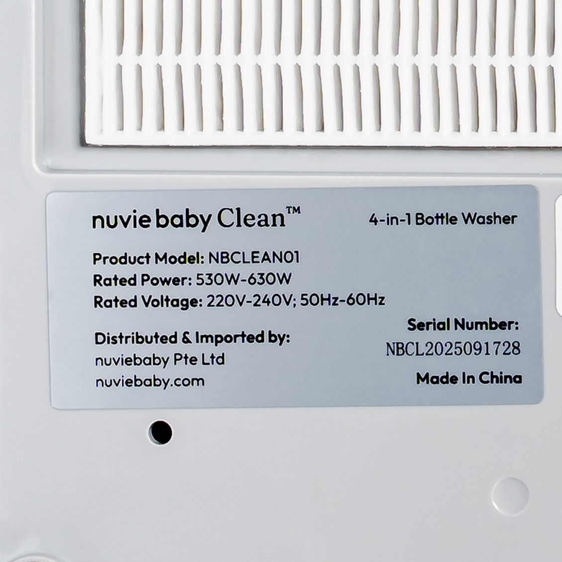 Serial number on the product information sticker under the nuviebaby Clean